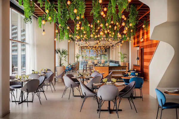 A modern restaurant with hanging plants and pendant lights, featuring a mix of grey and blue chairs, a wooden counter, and large windows.