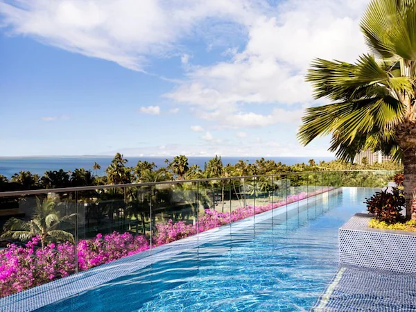 A clear blue pool with a glass barrier, surrounded by pink flowers and palm trees, with a view of the ocean in the background.
